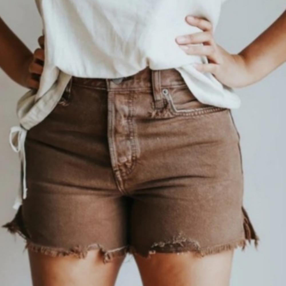 Free People shorts, button fly, Makai in washed chocolate distressed frayed hem